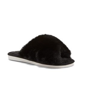Faux Fur Criss Cross Black Slippers